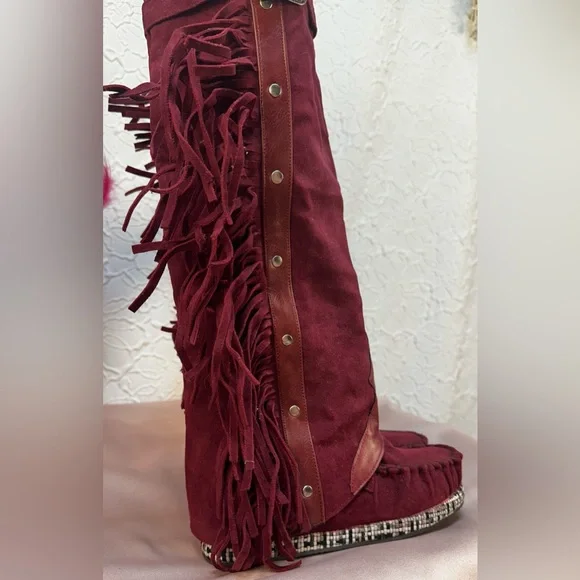Bohemian Fringe Knee-High Moccasin Boots - Wine (6)‼️NWOB‼️ - Picture 9 of 15